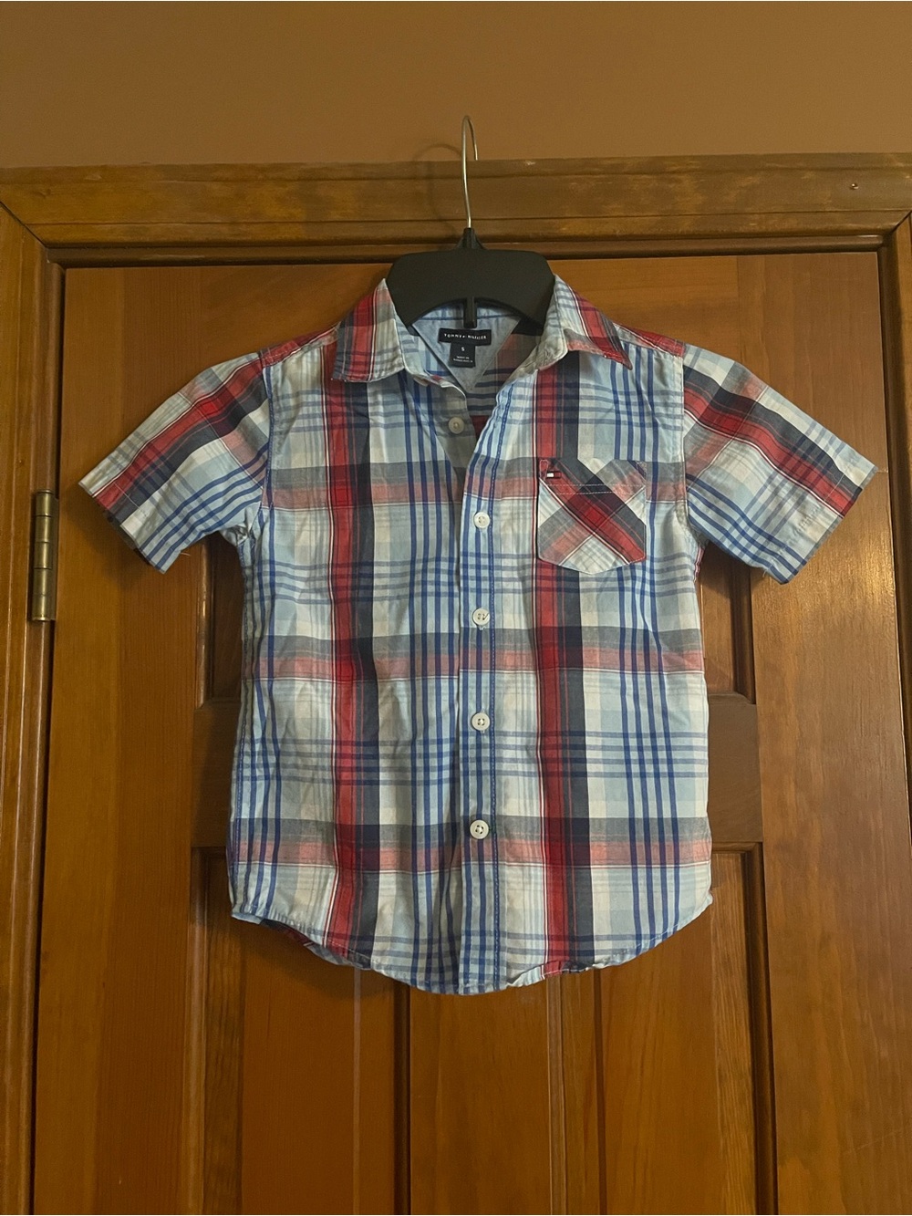 Tommy Hilfiger Red, Blue & White Plaid Short-Sleeve Button-Down